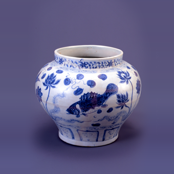 Rare Yuan Blue and White Baluster 'Fish' Jar (Yuan Dynasty)